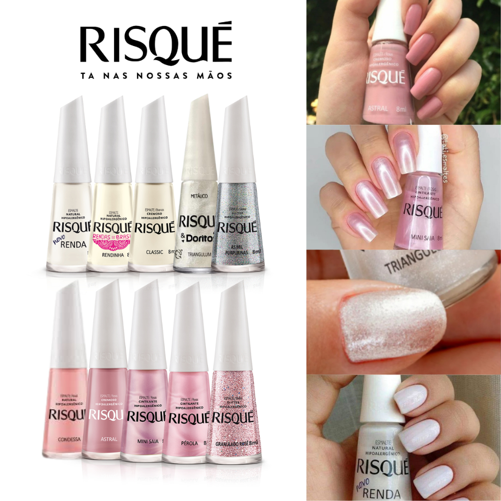 Risque Kit De 10 Esmaltes Nude Rosa Branco Glitter Risque Esmaltes