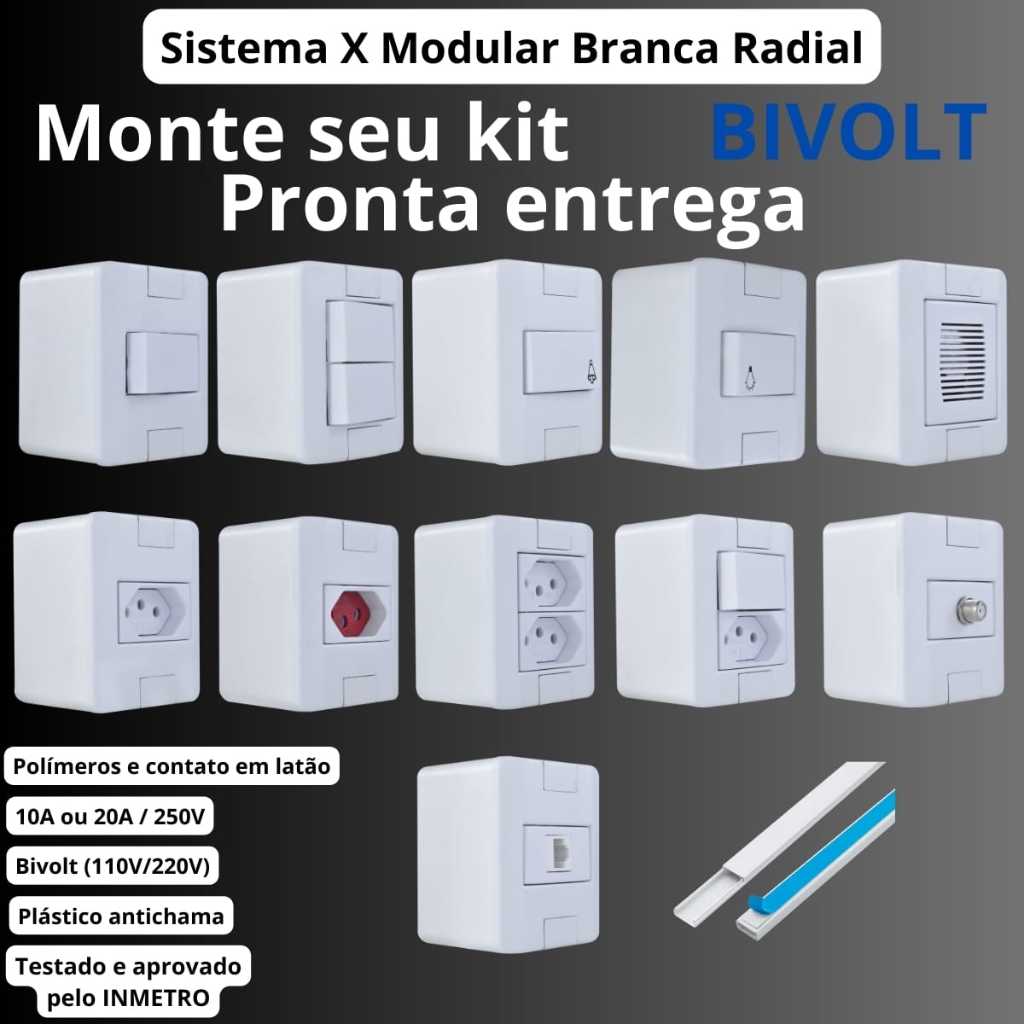 Conjunto Tomada E Interruptores 10A 20A Sobrepor Sistema X Modular