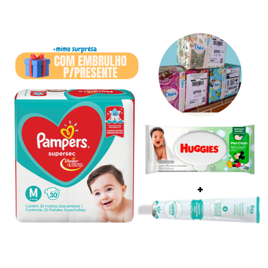 Kit Enxoval Higiene Presente Bebe Fralda Pampers Lenço Umedecido