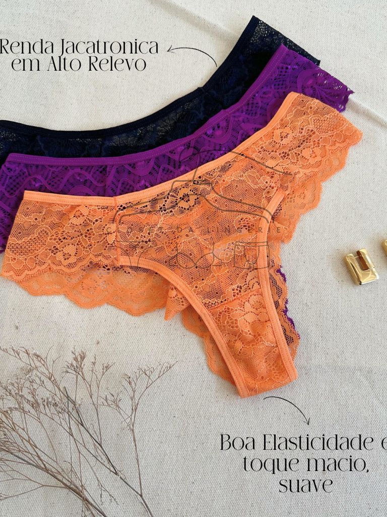 Kit Calcinhas Em Renda Poliamida Conforto Fio Dental Sensual Lingerie