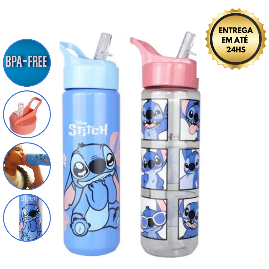 Garrafa De Agua Squeeze Stitch Canudo Flip Academia Escola Disney