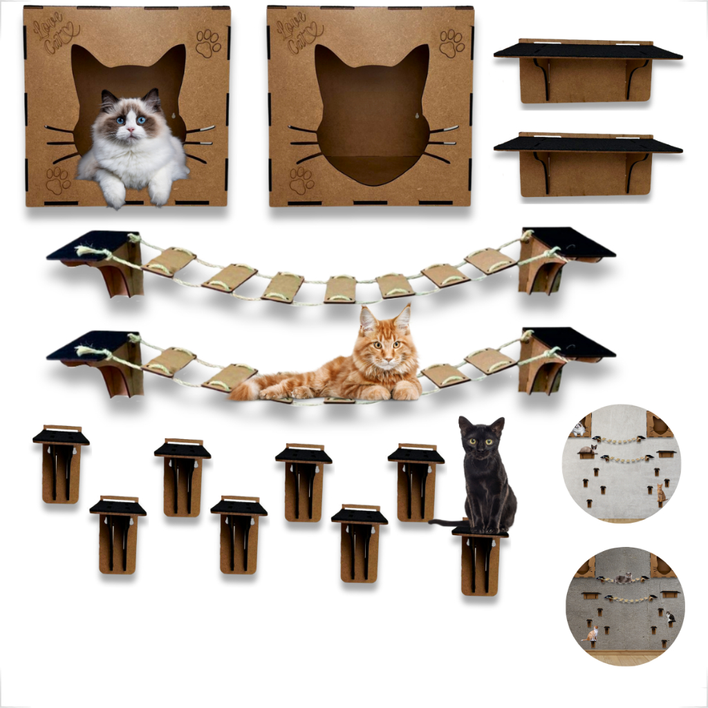 Kit Playground Gatos Parede Completo Brinquedo Casa Nicho Prateleira