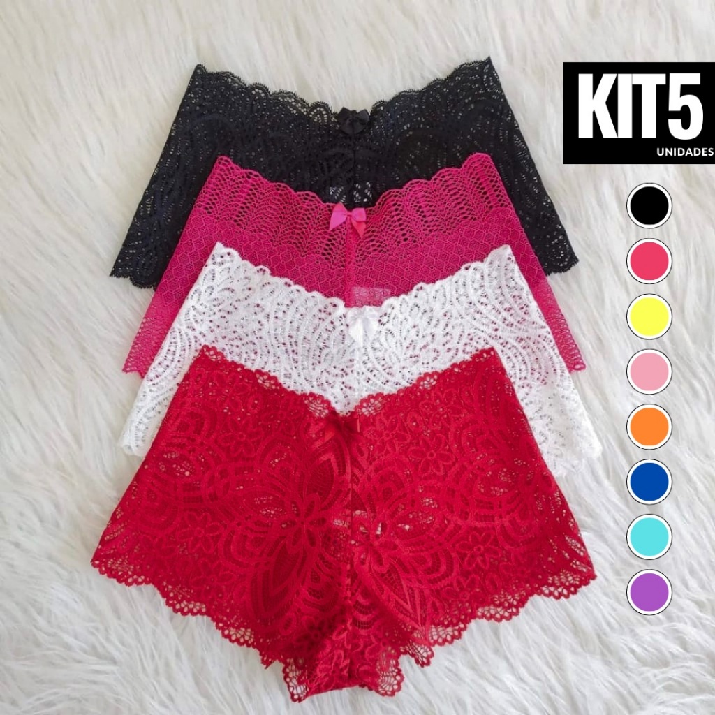 Kit 5 Calcinhas Tanga Luxo Caleçon Lingerie Tanga Shortinho Renda Feminino Calesson Sexy Confort