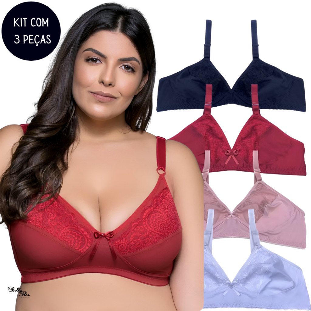 Kit 3 Sutiãs Plus Size Sem Bojo Detalhe Renda Alças Reforçadas