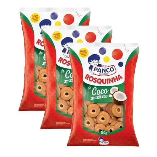 Biscoito Rosquinha de Côco Panco de 500 Gramas Kit 03 Unidades