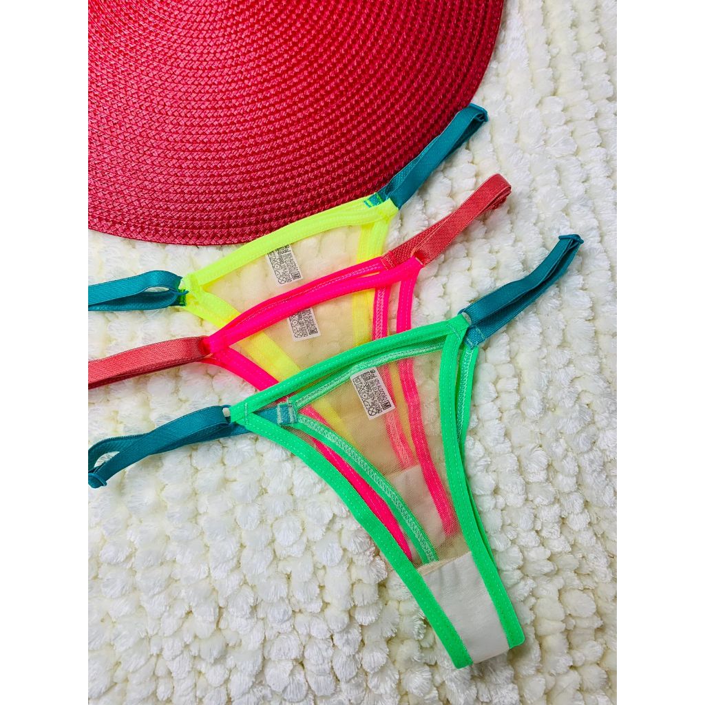 Calcinha Tanga Tule Neon Fio Regulagem Lingerie Moda Ntima Sexy