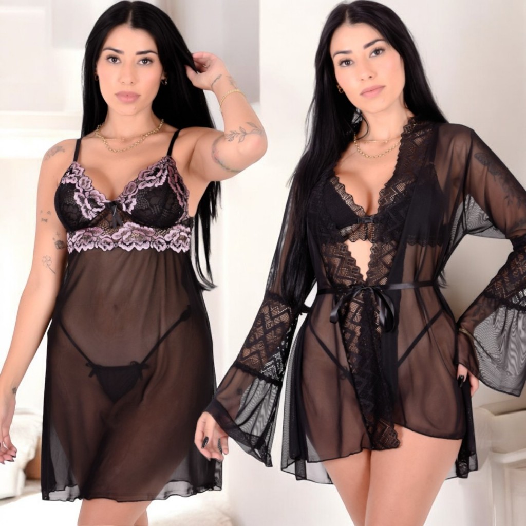 Conjunto De Camisola Calcinha E Robe Flayr De Tule E Renda Lingerie