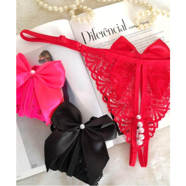 Kit 5 Calcinhas Pérola laço Marido Apressado Lingerie Rendada