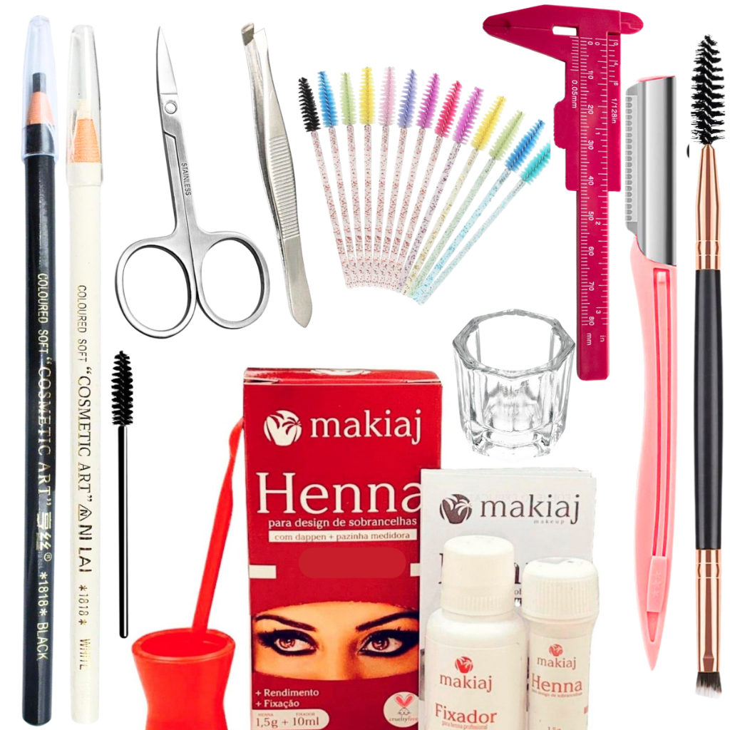 Kit Sobrancelha Profissional Henna Makiaj Navalha Paquimetro Tesoura