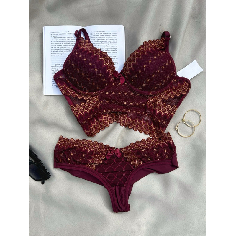 Conjunto De Lingerie Estruturado Barbatana Lindo Rendado Bordo Vinho