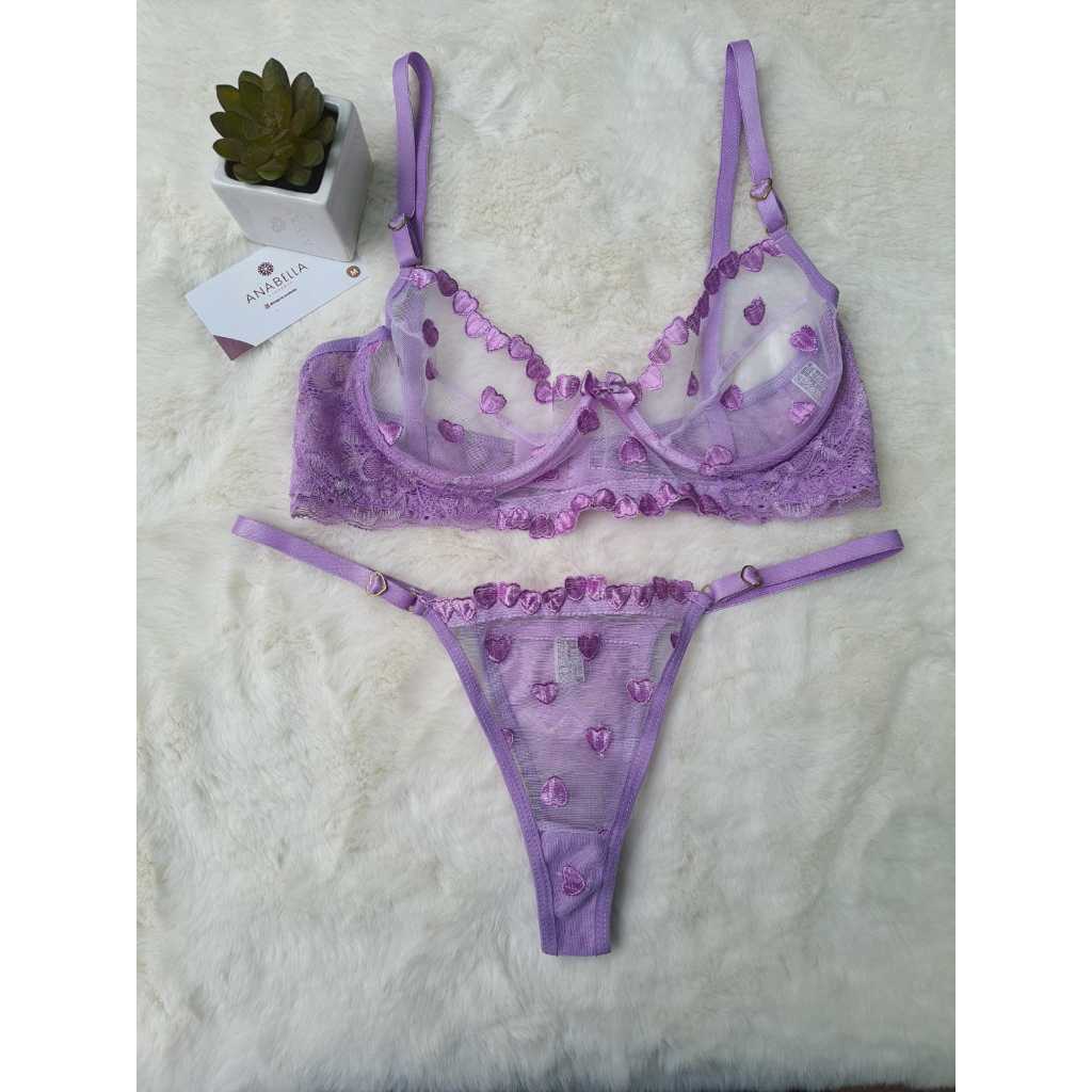 Conjunto lingerie sutiã calcinha fio tule transparente coração bordado
