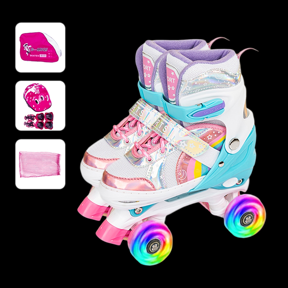 Patins 4 Rodas Infantil Arco Íris Led Tamanho ajustavel Kit Proteção