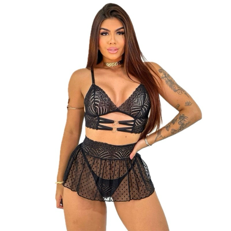 Conjunto Sexy Eva Sexy 3 Peças Lingerie Fivela Coração Shopee Brasil