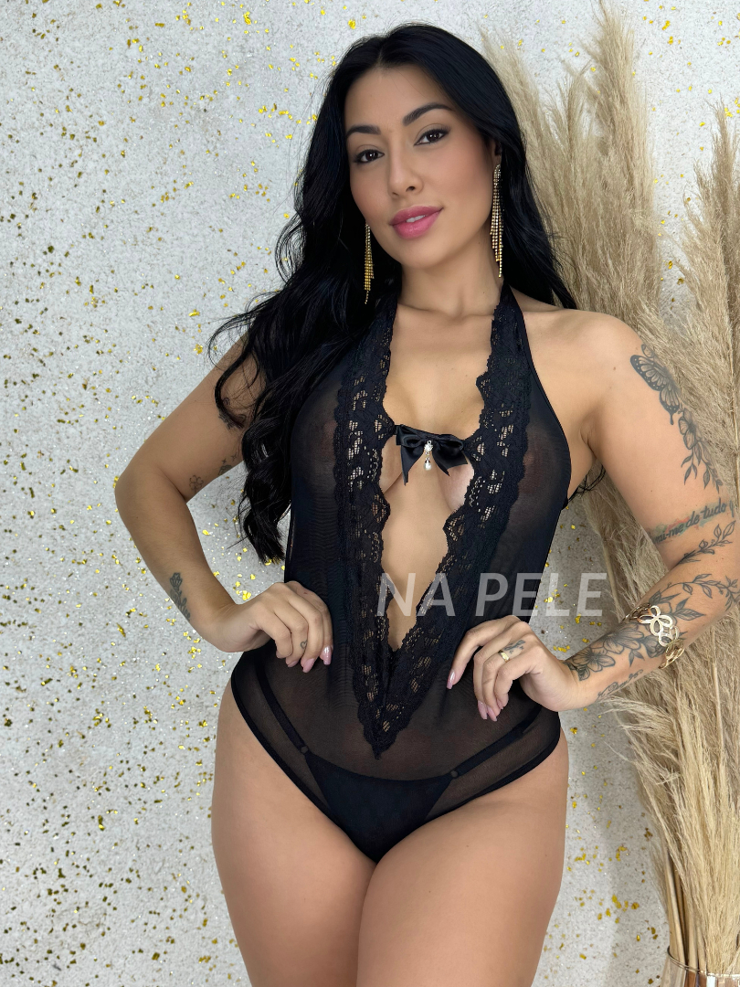 Body Renda Sensual Tule E Renda Bordado Lingerie Sexy Completa Sem Bojo