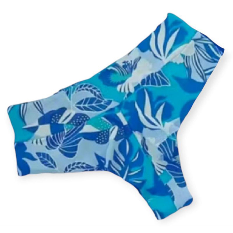 Calcinha de Biquíni Hot Paint Fio Duplo Cintura Alta Floral Azul Bco
