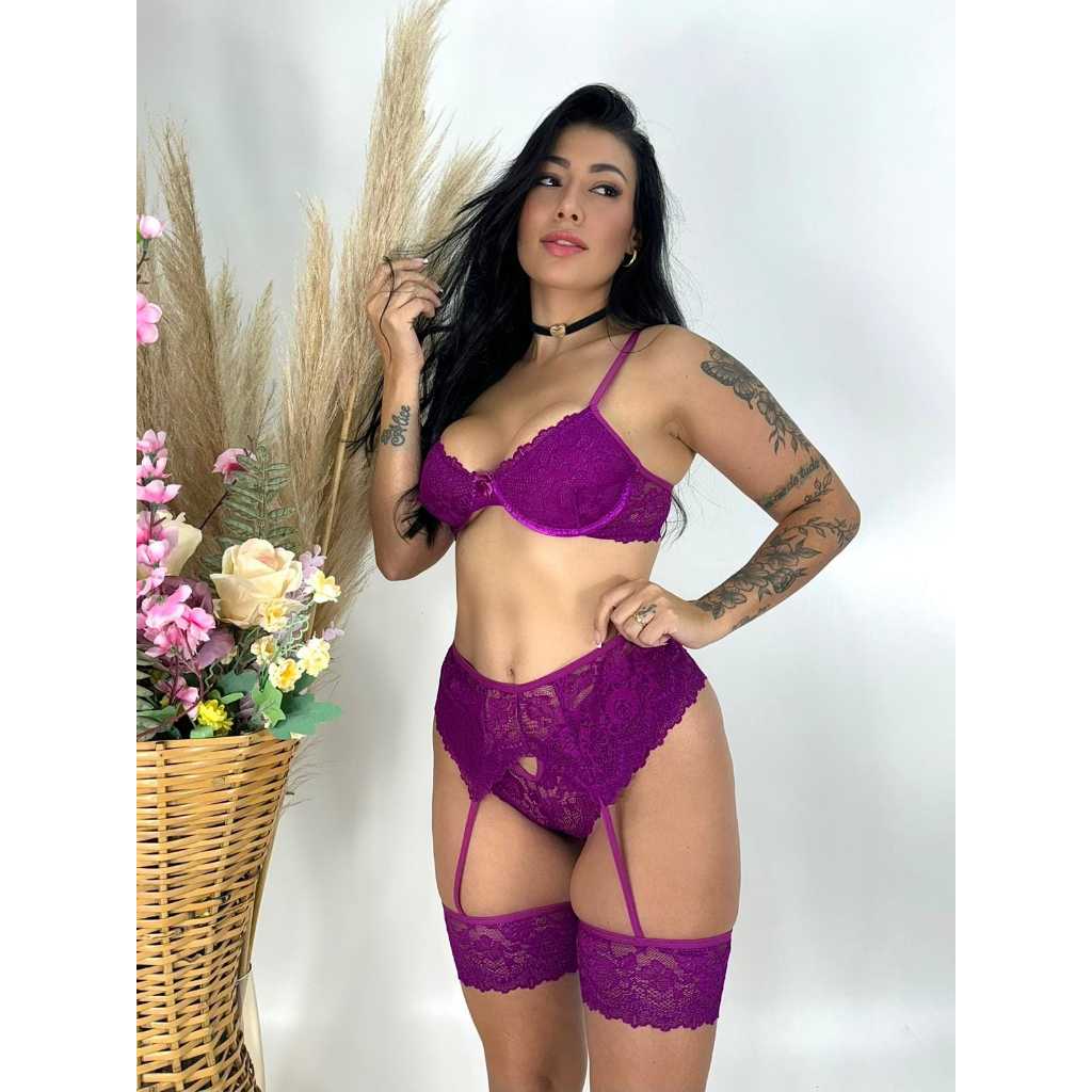 Conjunto Sensual Isis Lingerie Cinta Liga Perneira Suti Aro