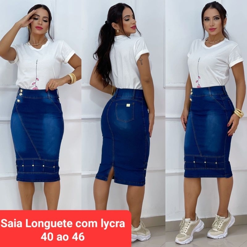 Saia Jeans Longuete Lycra Moda Evang Lica Shopee Brasil