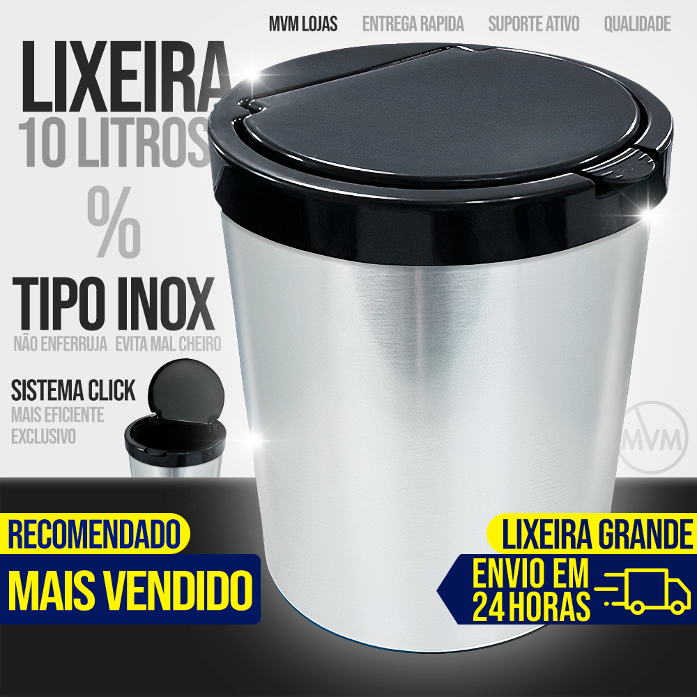 Lixeira Cesto de Lixo 10 Litros Inox Automática Tampa Click Label Para