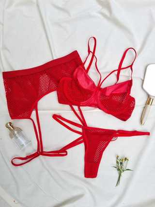 Conjunto Lingerie Cinta Liga Arrastão detalhe Cirre Sexy Feminino