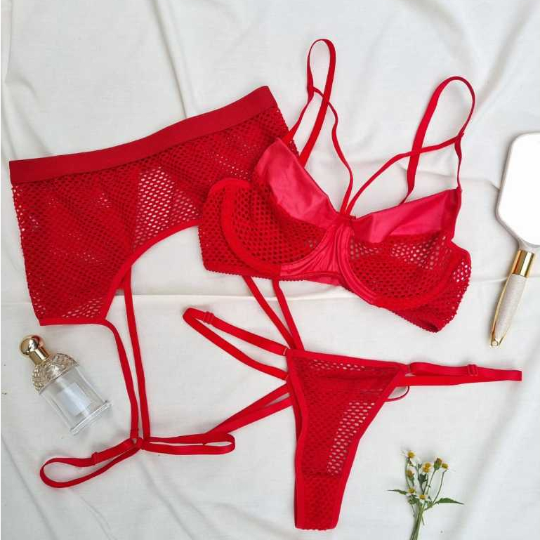 Conjunto Lingerie Cinta Liga Arrastão detalhe Cirre Sexy Feminino