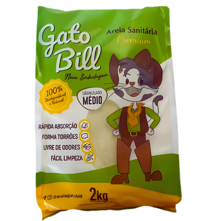 AREIA HIGIÊNICA PARA GATOS GATO BILL PREMIUM MILHO E MANDIOCA 2KG