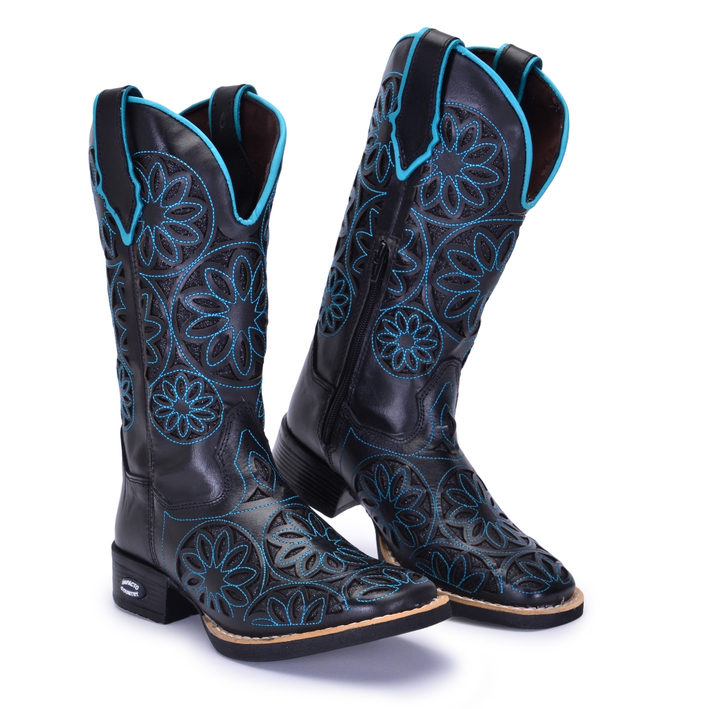 Bota Texana Feminina Couro Laser Gliter Bordada Lançamento Impacto