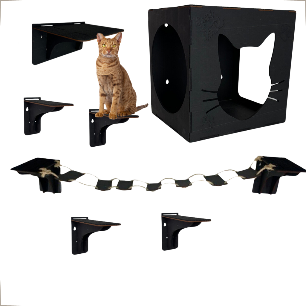 Playground gatos acessório pet 7 peças Mdf Preto Black Nicho Gato