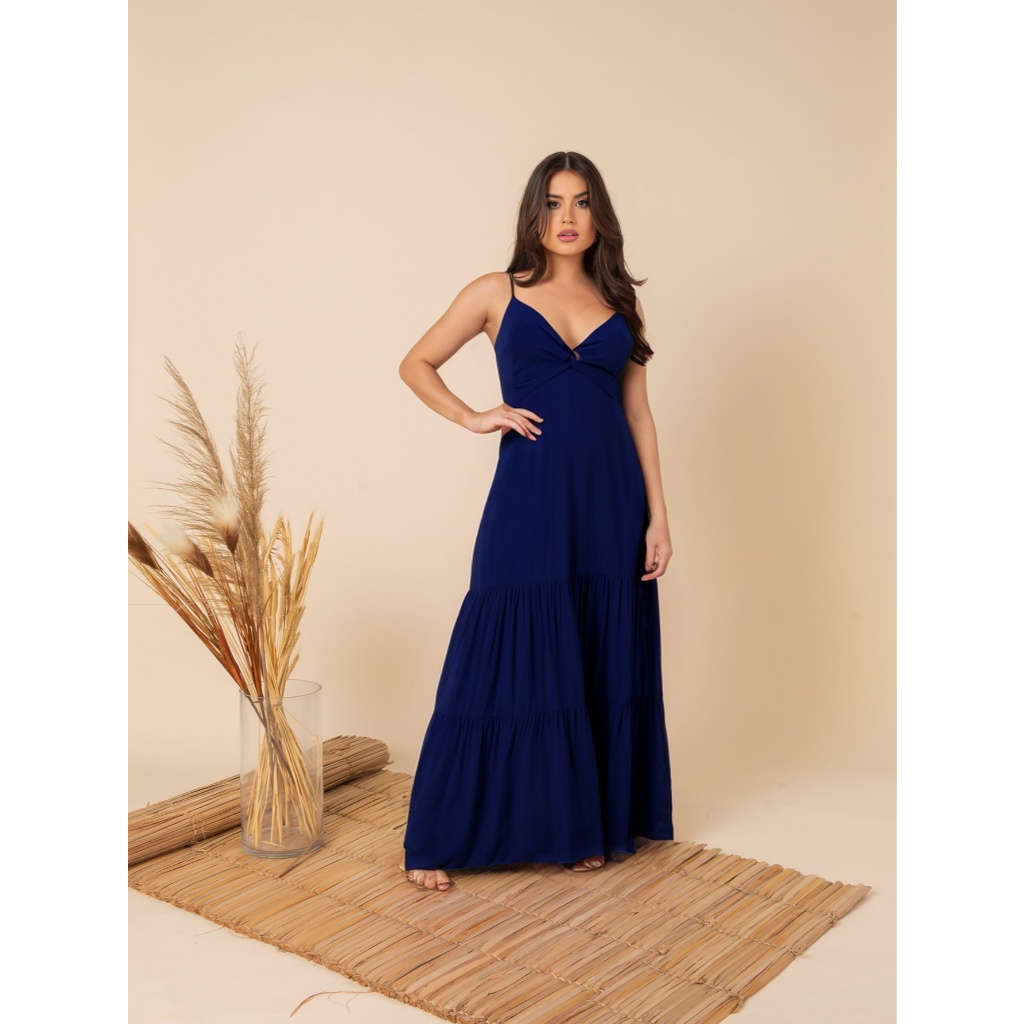 Vestido Longo Feminino Liso Alcinha Decote V De Babado Amarra Atr S Nas