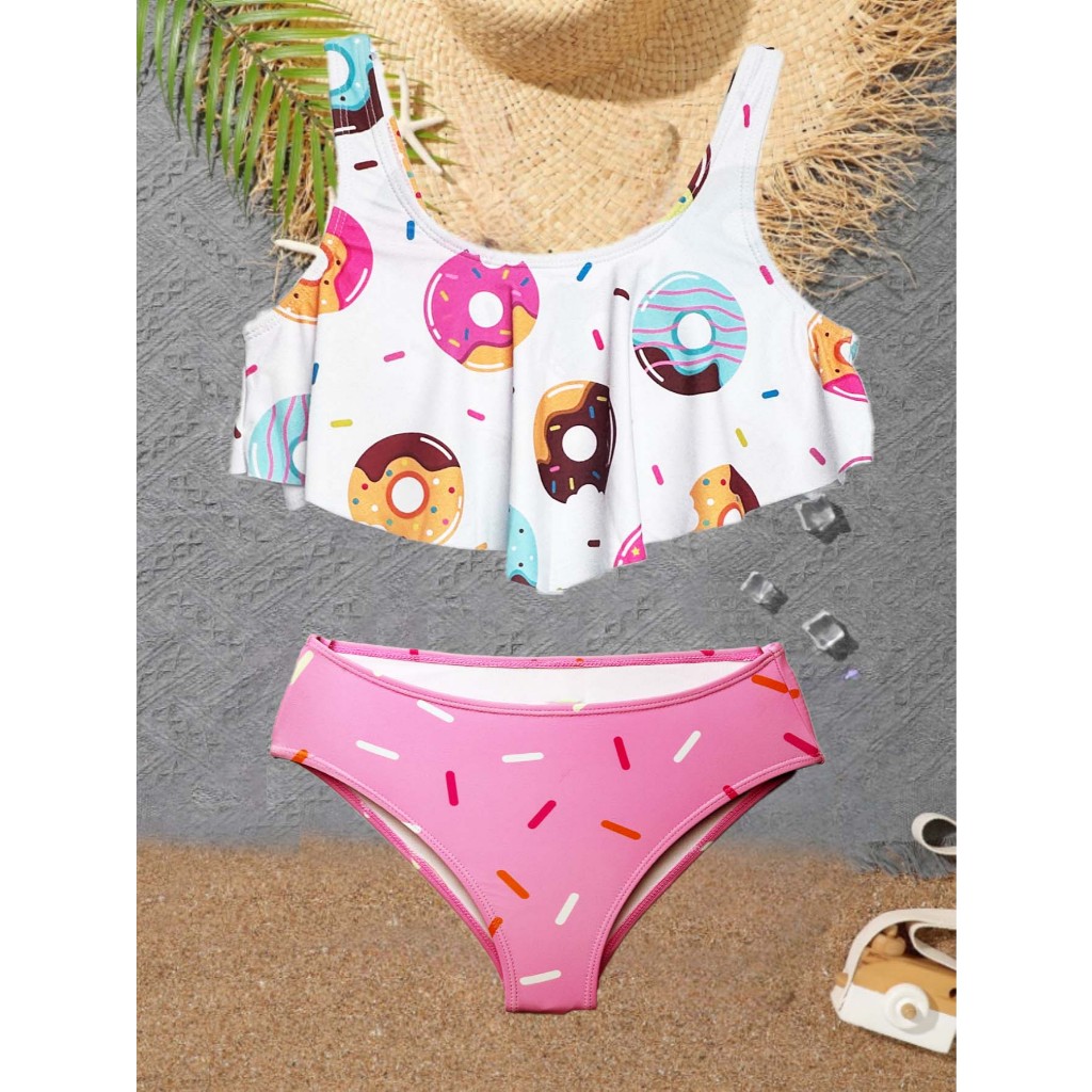 Conjunto de Maiô Bikini Babado Franzido Forrado para Meninas