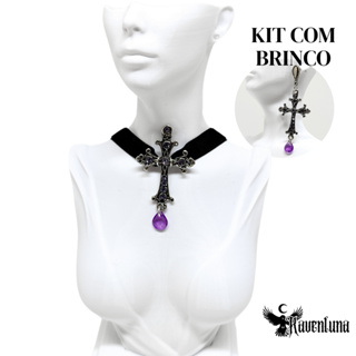 Conjunto kit Choker gargantilha veludo e brinco pingente cruz gótica