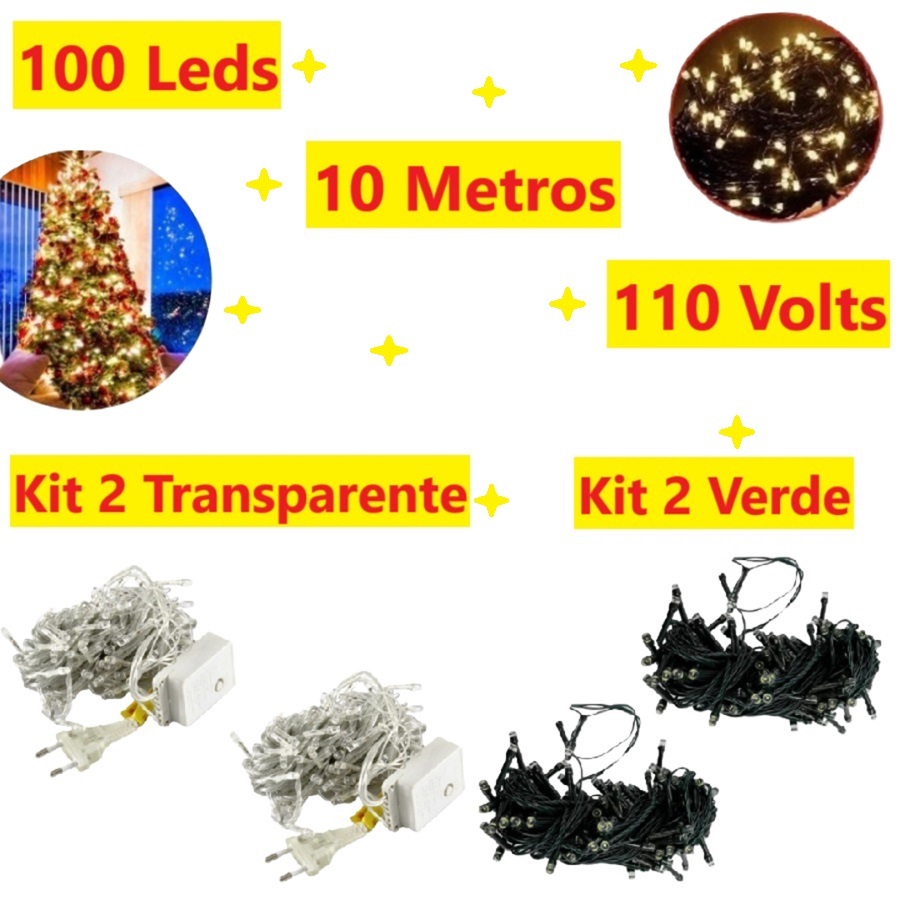 Kit 2 Caixa 10M Pisca 100 Leds Fio Transparente Ou Verde E 110V 8