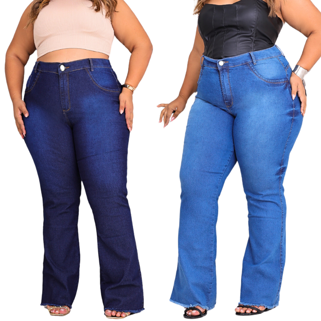 Calça Plus Size Jeans Feminina Flare Boca de Sino Levanta Bum Bum Lycra