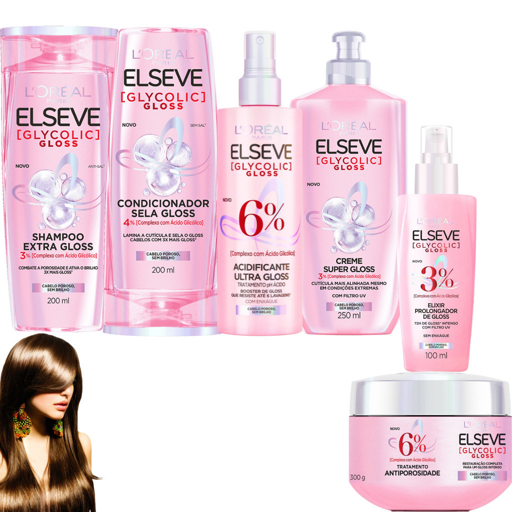 Kit Elseve Glycolic Ultra Gloss Acidificante Elixir Creme De Pentear