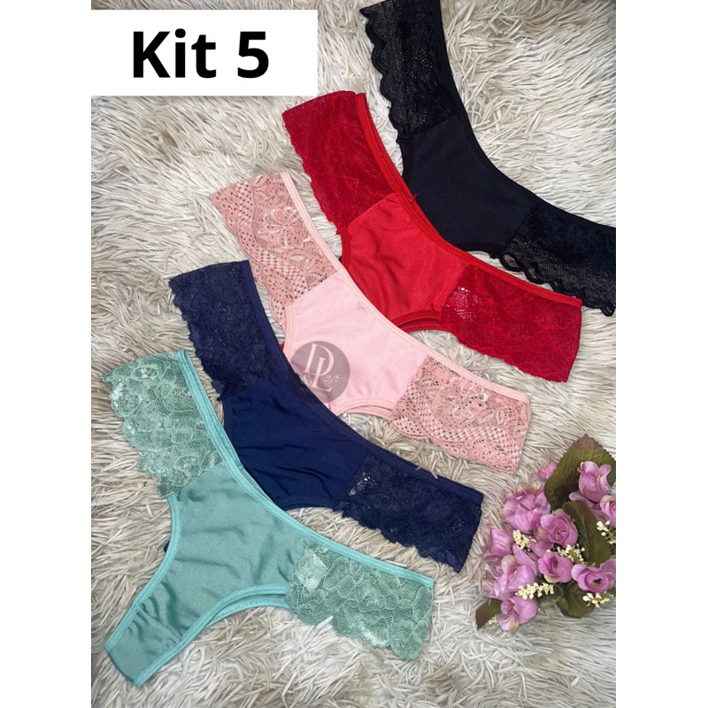 Kit Calcinha Fio Dental Renda Lateral Lingerie Tanga Feminina Sensual