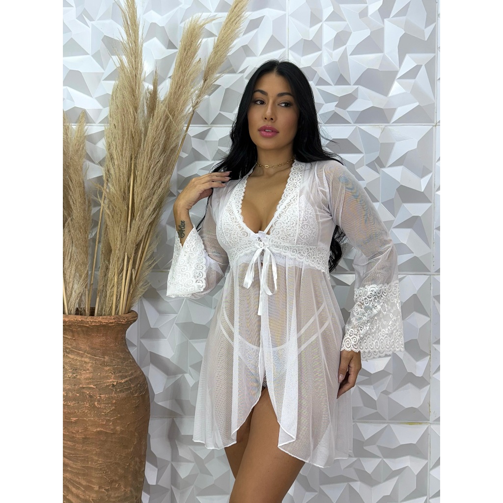 Robe Quimono Em Tule Transparente Detalhes Em Renda Lingerie Roupão