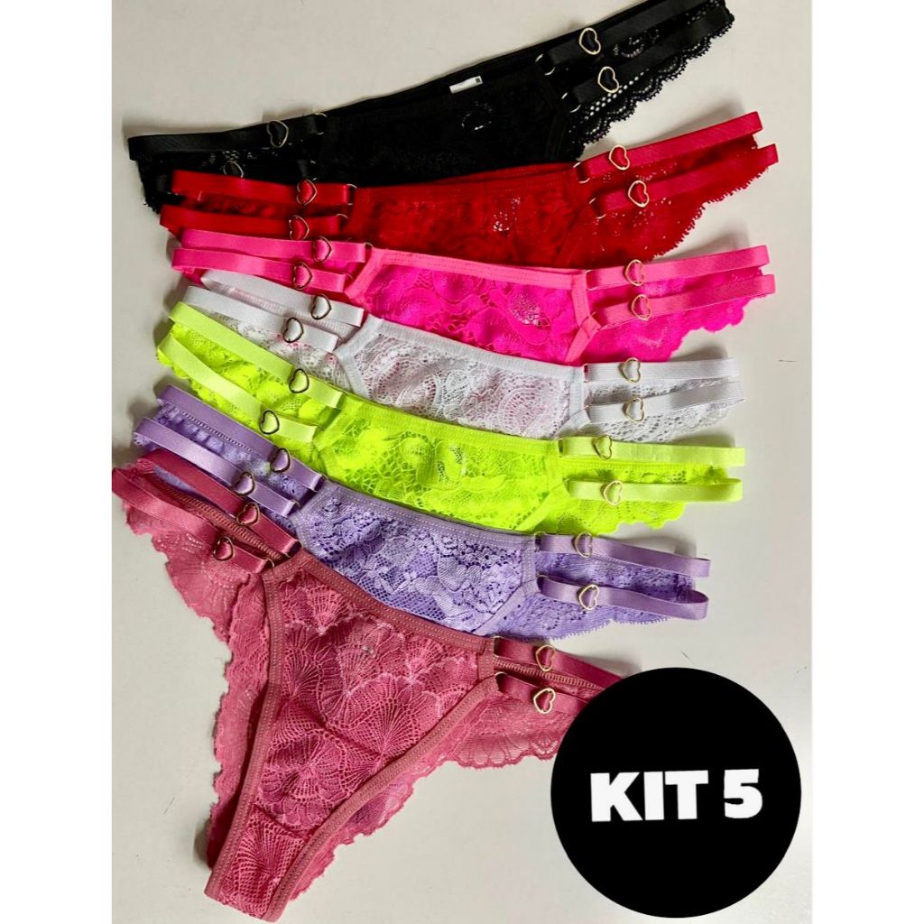 Kit 5 Calcinhas Tanga Lingerie Duas Alças Coração Regulagem