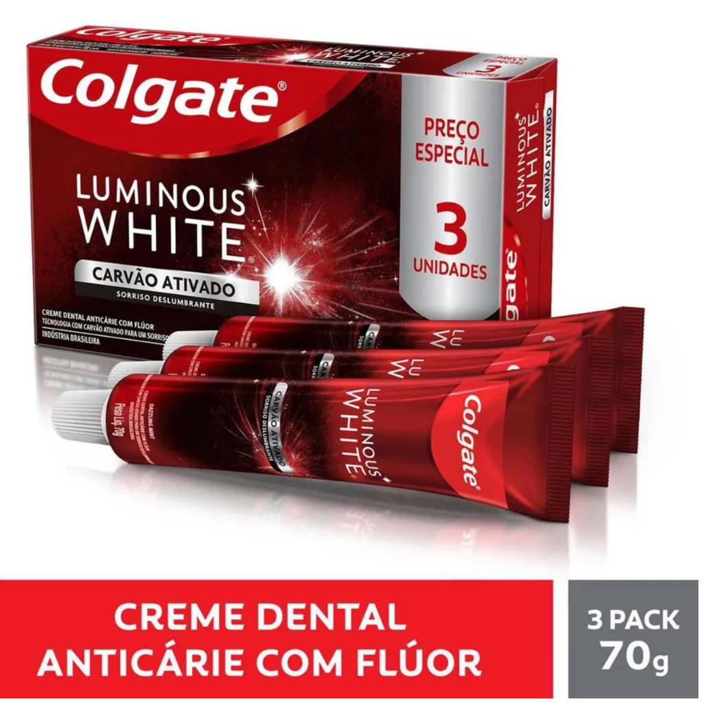 Kit 3 Creme Dental Luminous White Clareador Carvão Ativado 70g cada