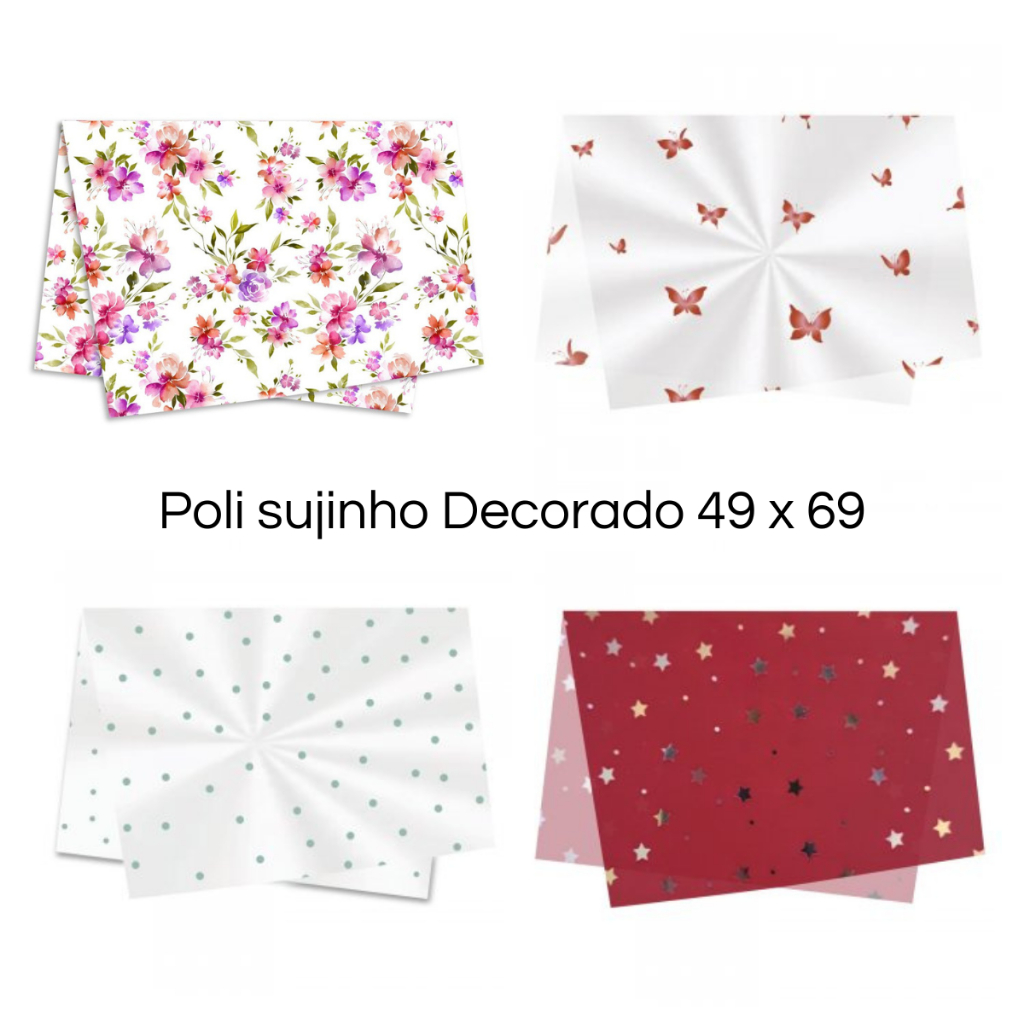 Poli Sujinho Celofane 49x69cm Decorado Folhas Flores Presentes Amor