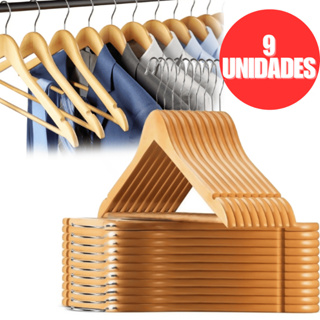 Kit 9 Cabides Madeira Marfim Verniz E Gancho Cromado Para Roupas E