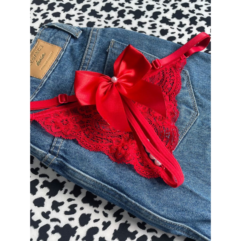 Lingerie Sexy Fio Dental Laço Calcinha Abertura Regulagem Tanga Renda Pérola
