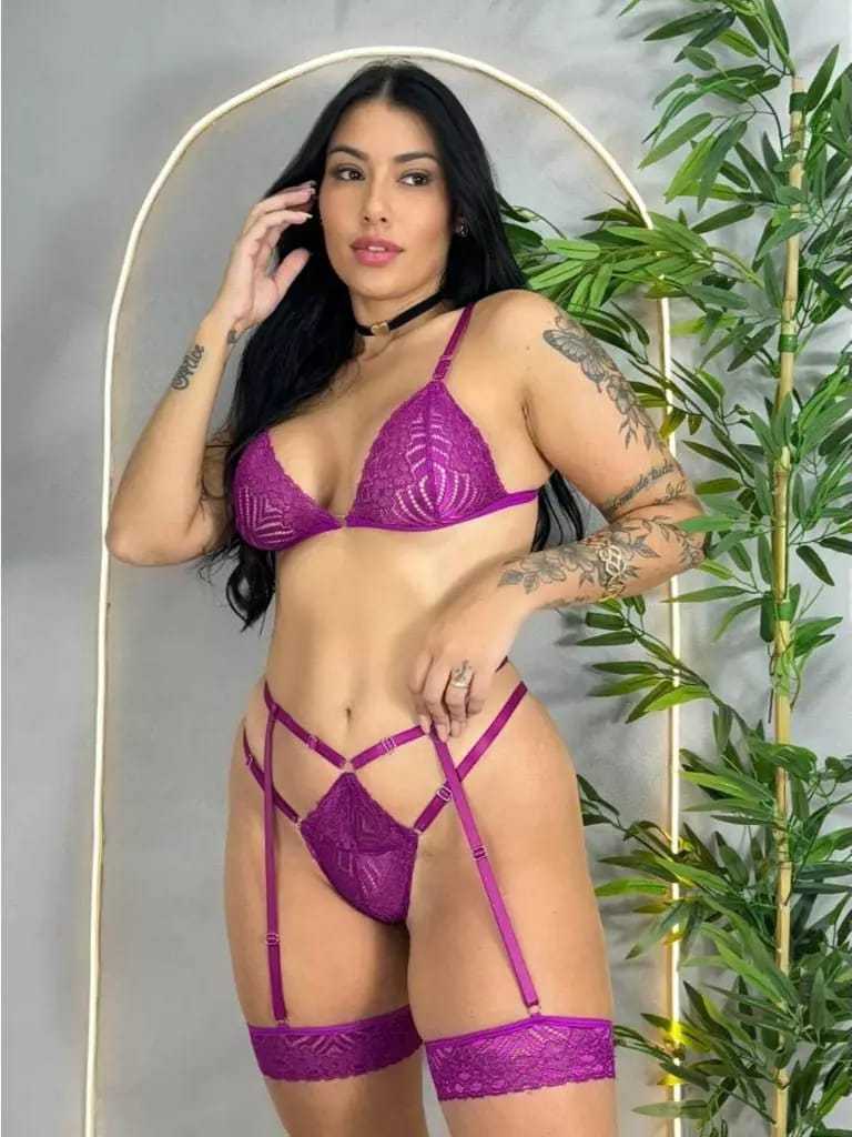 Conjunto Trio Sexy Lingerie Cinta Liga Renda Fio Dental Luxo