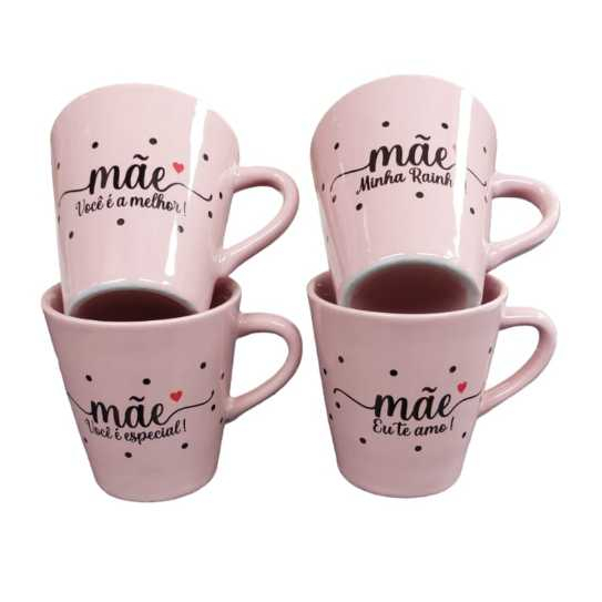 Kit Canecas Ml Mae Rosa Escrita Decorada Porcelana Cozinha