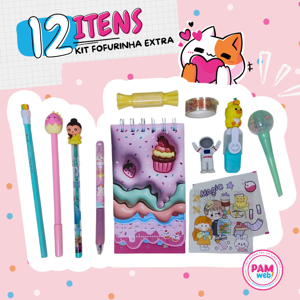 Kit Papelaria Fofa 12 Itens Surpreendentes E Kawaii Caneta Borracha