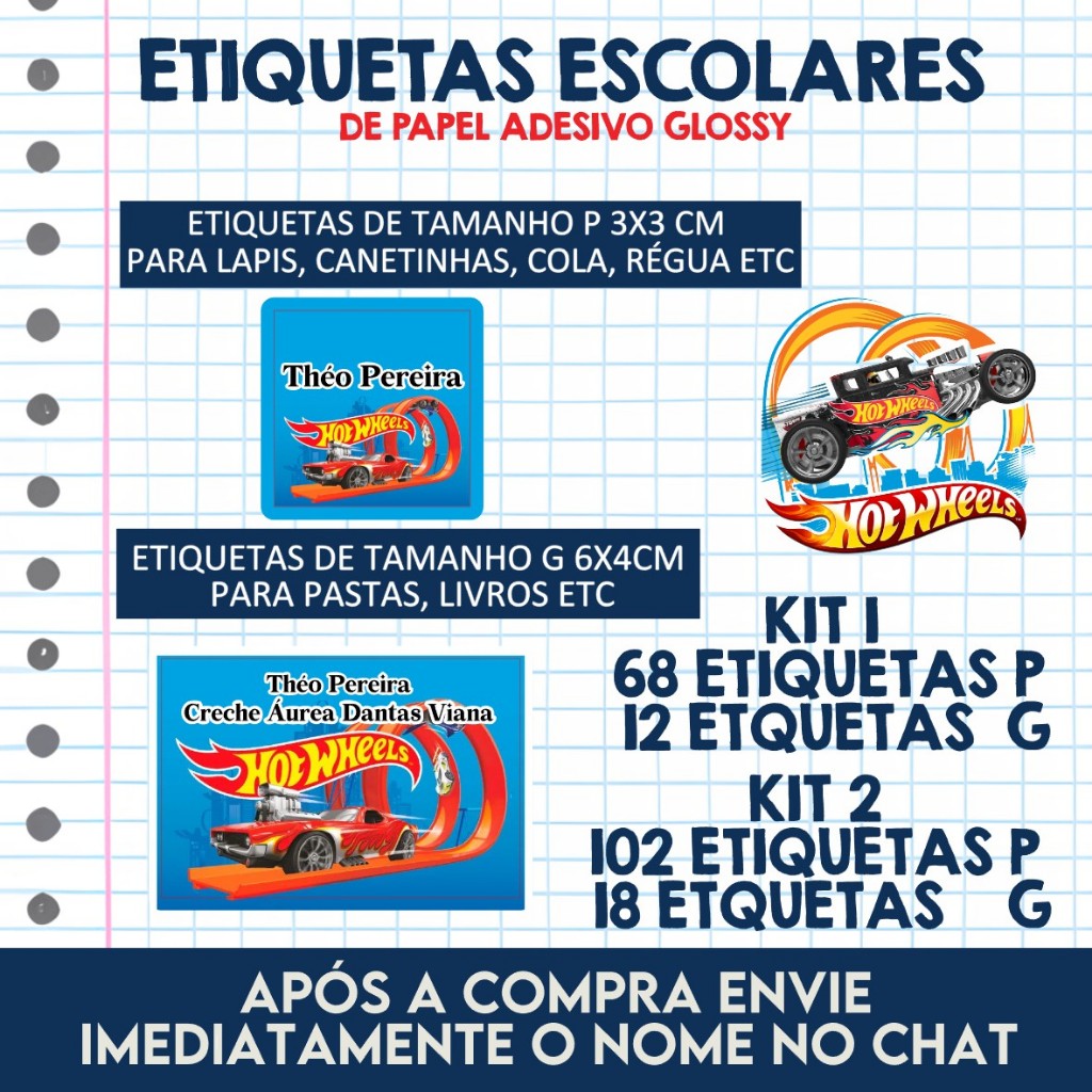 Etiquetas Escolares Personalizadas HOT WHEELS volta ás aulas Shopee