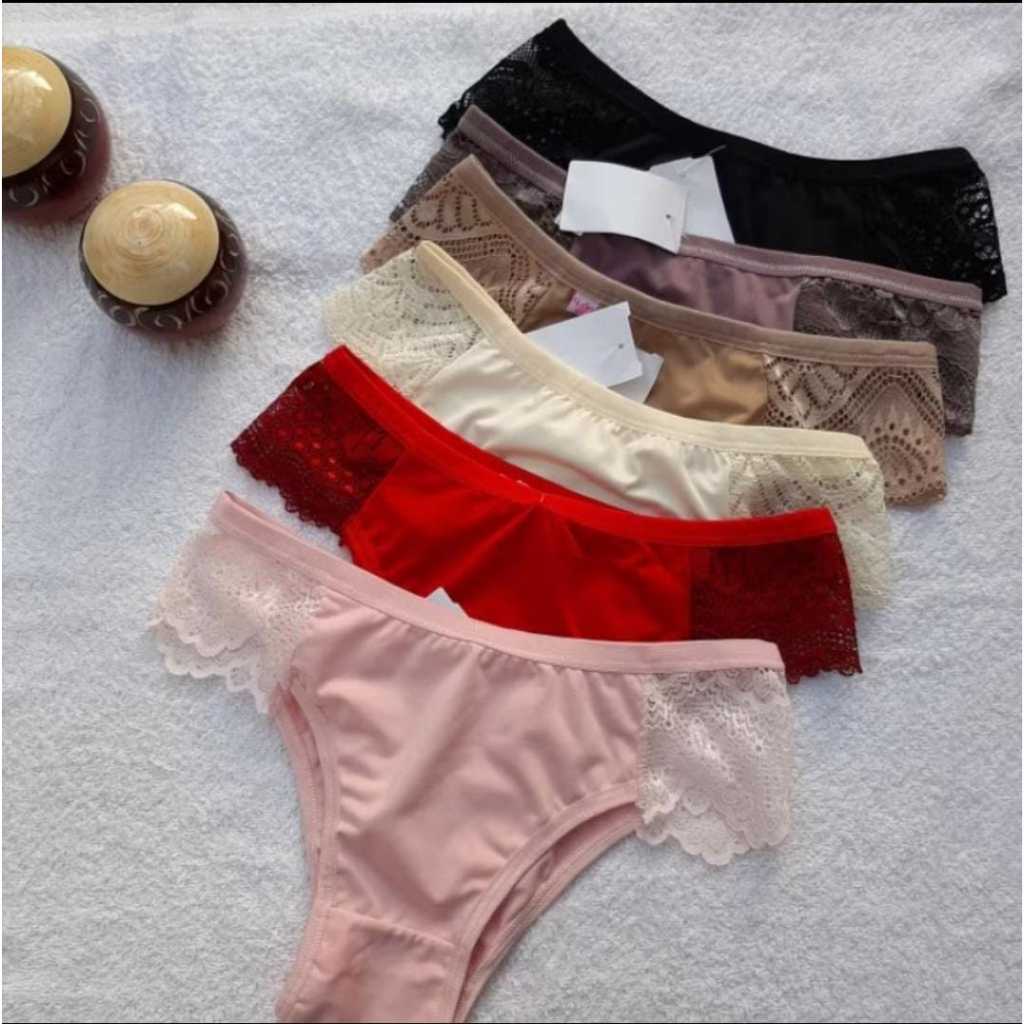 Kit Calcinhas Leona Fio Dental E Renda Na Lateral Lingerie Sensual