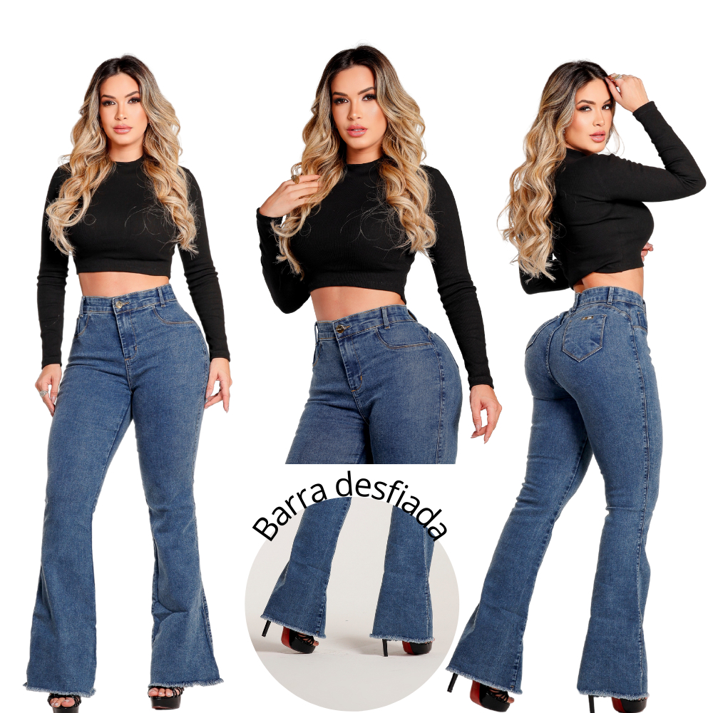 Cal A Flare Jeans Feminina Marmorizada Boca De Sino Elastano Jeans