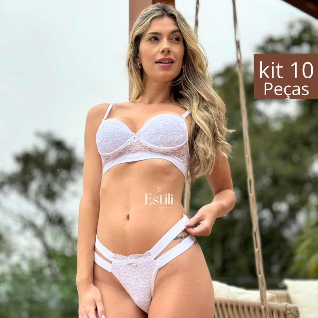 Kit 10 Conjunto Lingerie Calcinha e Sutiã Bojo Rendado Moda Íntima
