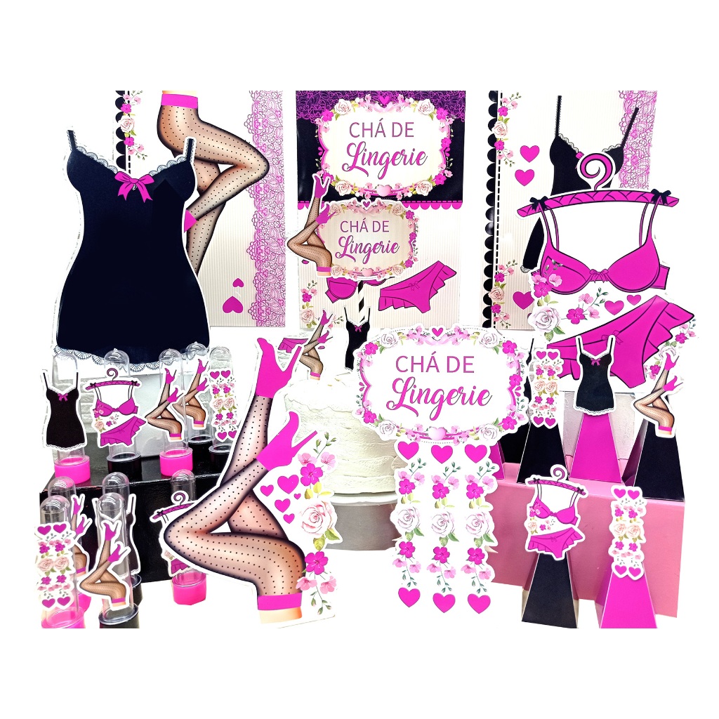 Kit Chá de Lingerie Rosa e Preto 78 itens Decoração Completa Envio