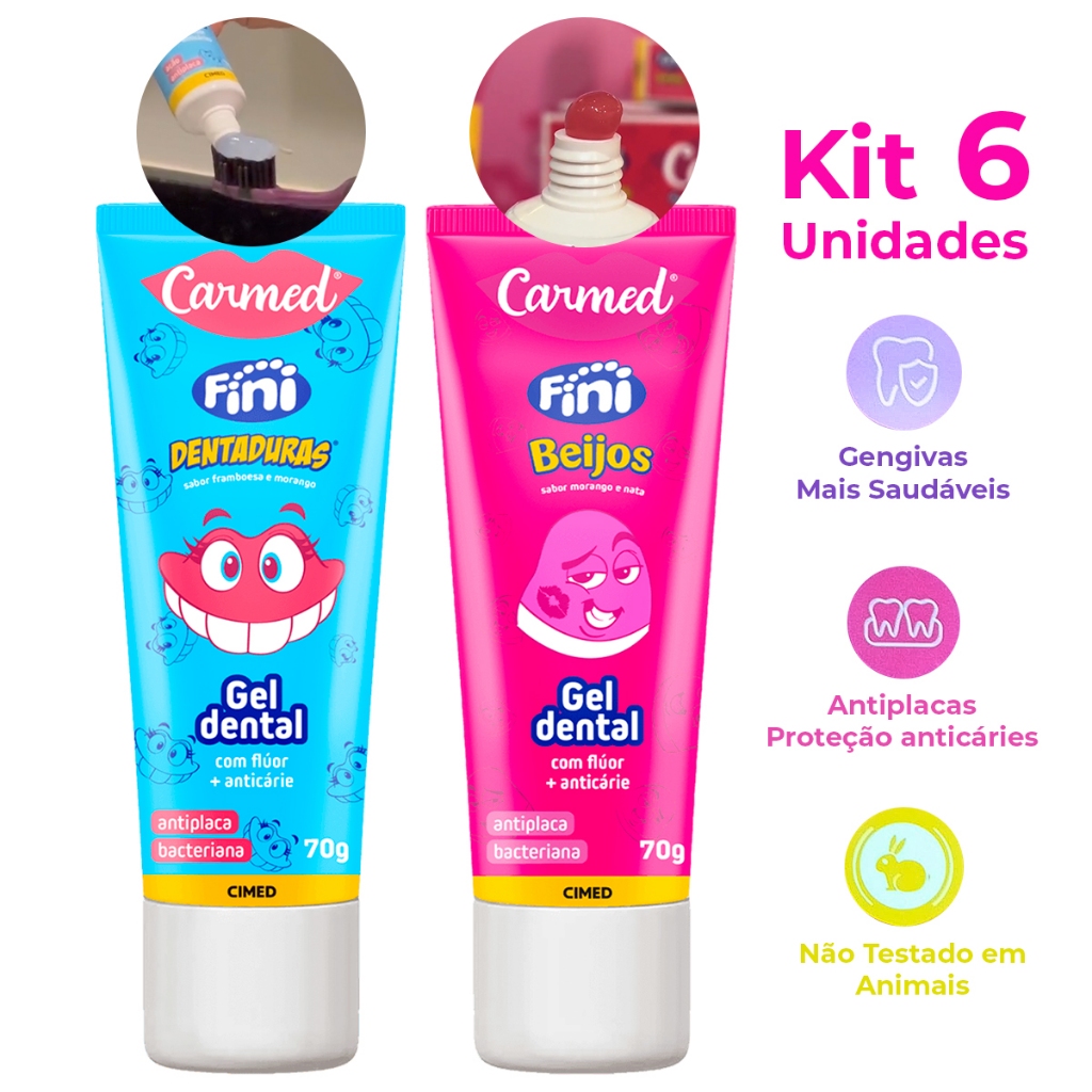 Kit 6 Gel Creme Dental Carmed Fini Beijos Dentadura Pasta De Dente