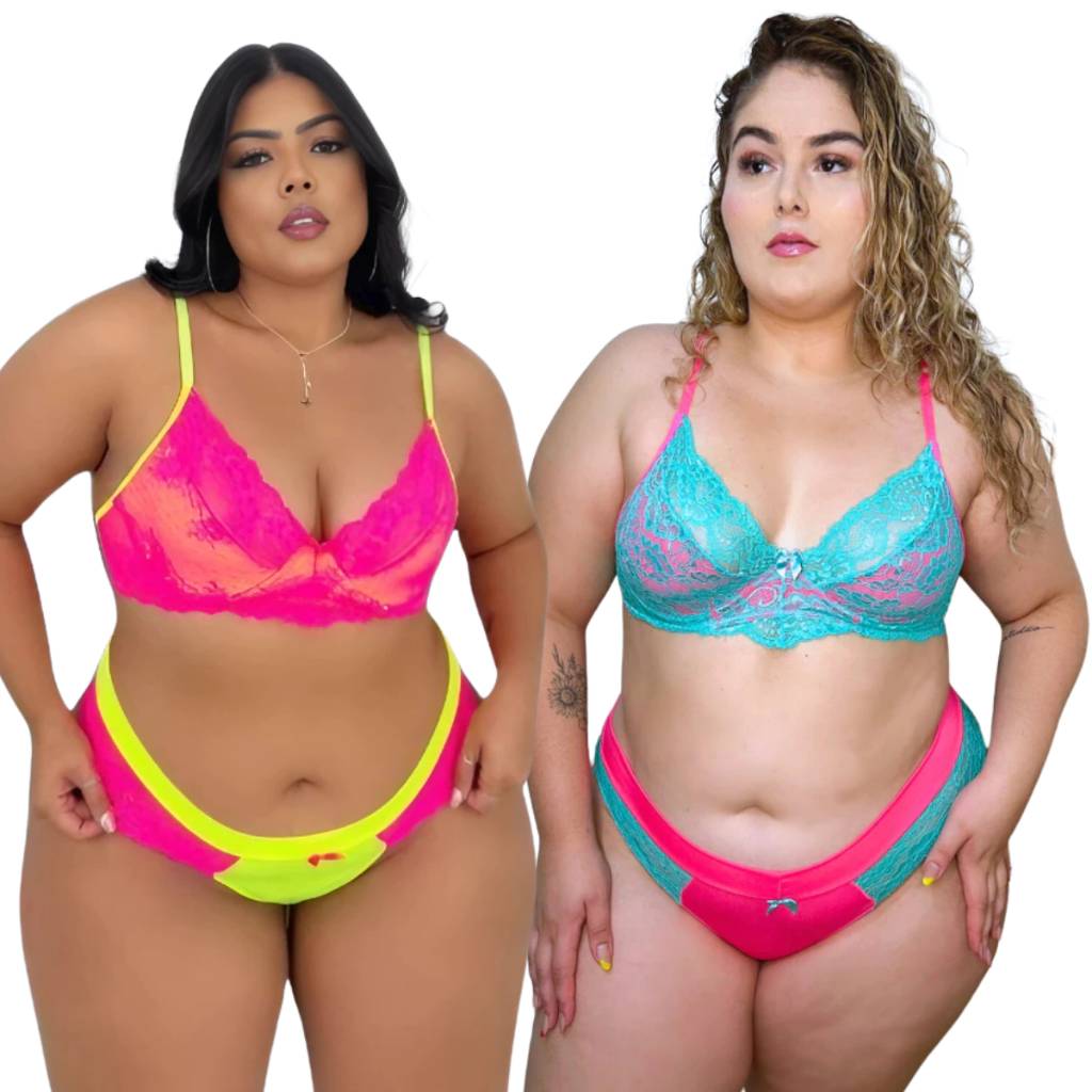 Kit 2 Conjunto Microfibra E Renda Plus Size Lingerie Neon Shopee Brasil